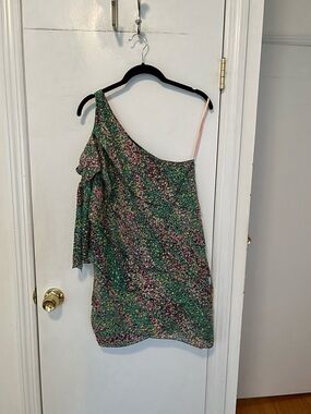 BCBGMaxAzria One-Shoulder Floral Mini Dress in Green and Pink